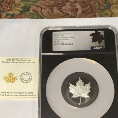 2020 Canada $50 3oz Silver Maple Leaf Incuse Rhodium Plated Coin With COA NGC PF 70