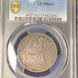 1869 seated liberty half dollar PCGS PR63 Gold shield.