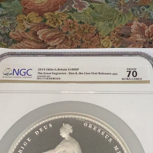 2019 Silver £1000 Great Britain Una and the Lion 2-Kilo First Releases NGC Proof-70