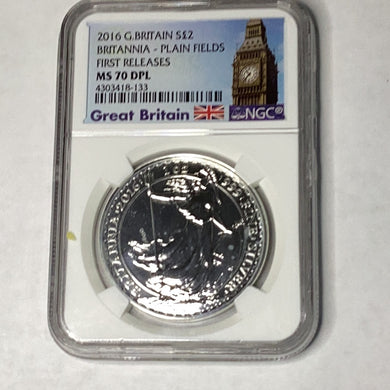 2015 UK Great Britain Britannia Smooth Plain Fields 1 oz Silver NGC MS 70