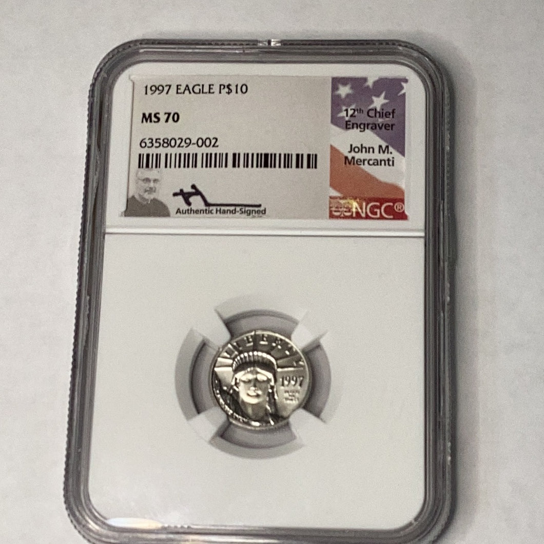 1997 $10 American Platinum Eagle 1st Year of Issue Mercanti Sign NGC MS70