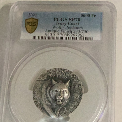 2021 Ivory Coast Wolf Predator PCGS SP 70 Very Rare PCGS POP 1
