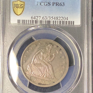 1869 seated liberty half dollar PCGS PR63 Gold shield.