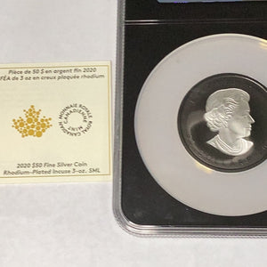 2020 Canada $50 3oz Silver Maple Leaf Incuse Rhodium Plated Coin With COA NGC PF 70