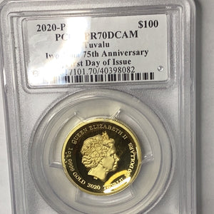 2020 P Tuvalu one ounce Gold $100 IWO JIMA 75th Anniversary PCGS PF70DCAM 1st Day Of Issue