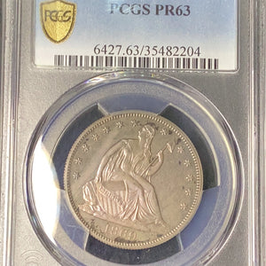 1869 seated liberty half dollar PCGS PR63 Gold shield.