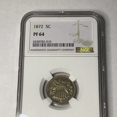 1872 five cent nickel NGC proof 64