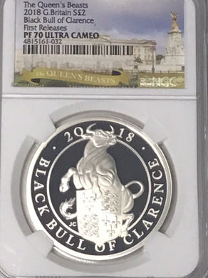 2018 Great Britain Queens Beasts Black Bull Clarence 1oz Silver Coin NGC PF70