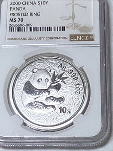 2000 China S10Y Panda, Frosted Ring NGC MS70