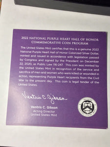 2022 W Colorized Purple Heart Silver Dollar Box And COA  - NO COIN