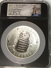 Load image into Gallery viewer, 2019 P Apollo 11 50th Ann. 5 oz Silver NGC PF70 FDI Rare Black Core Charlie Duke