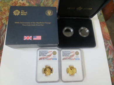 2020 W Mayflower Voyage British 2 GOLD Coin set PF70 FR Signed Miles Standish.