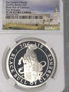 2018 Great Britain Queens Beasts Black Bull Clarence 1oz Silver Coin NGC PF70