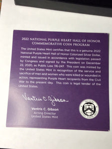 2022 W Colorized Purple Heart Silver Dollar Box And COA  - NO COIN