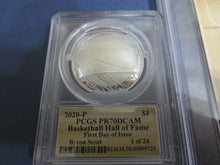 Load image into Gallery viewer, 2020 P SILVER $1 BASKETBALL HOF PCGS PR70DCAM FDOI BYRON SCOTT SIGNED 1 OF 24.