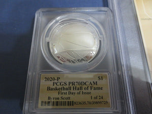 2020 P SILVER $1 BASKETBALL HOF PCGS PR70DCAM FDOI BYRON SCOTT SIGNED 1 OF 24.