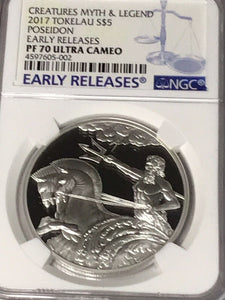 2017 Tokelau Creatures Myth & Legend Poseidon High relief $5 Silver NGC PF70 ER