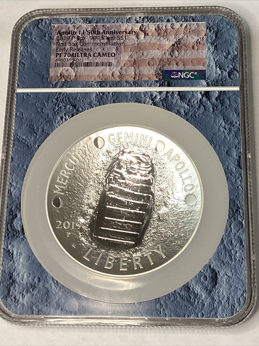 2019 P Apollo 11 50th Ann. 5 oz Silver NGC PF70 Early Release Rare Blue Core