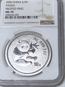 2000 China S10Y Panda, Frosted Ring NGC MS70