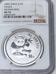 2000 China S10Y Panda, Frosted Ring NGC MS70