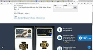2020 W Mayflower Voyage British TWO GOLD 1/4 OZ. NGC PF70 ULTRA CAMEO FIRST RELEASE.