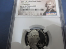 Load image into Gallery viewer, 2020 W Jefferson Nickel FIRST W Mint Proof NGC PF70 Ultra Cameo Early Release - First-American-Modern-Coins