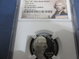 2020 W Jefferson Nickel FIRST W Mint Proof NGC PF70 Ultra Cameo Early Release - First-American-Modern-Coins