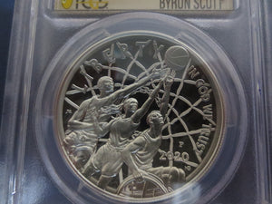 2020-P $1 Proof Silver Basketball Hall Of Fame PR70 PCGS FDOI Byron Scott 1 of 24 with COA Slab - First-American-Modern-Coins