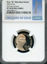 Load image into Gallery viewer, 2020 W First &quot;W&quot; Mint Mark Nickel First Day Of Issue NGC PF70 U.C. 1st Label - First-American-Modern-Coins