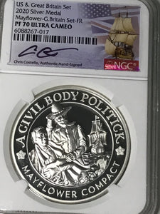 2020 Mayflower Voyage Silver 2 Coin set NGC PF70 First Release Chris Costello Signed