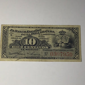 1897 Cuba bank note 10 Diez Centavos