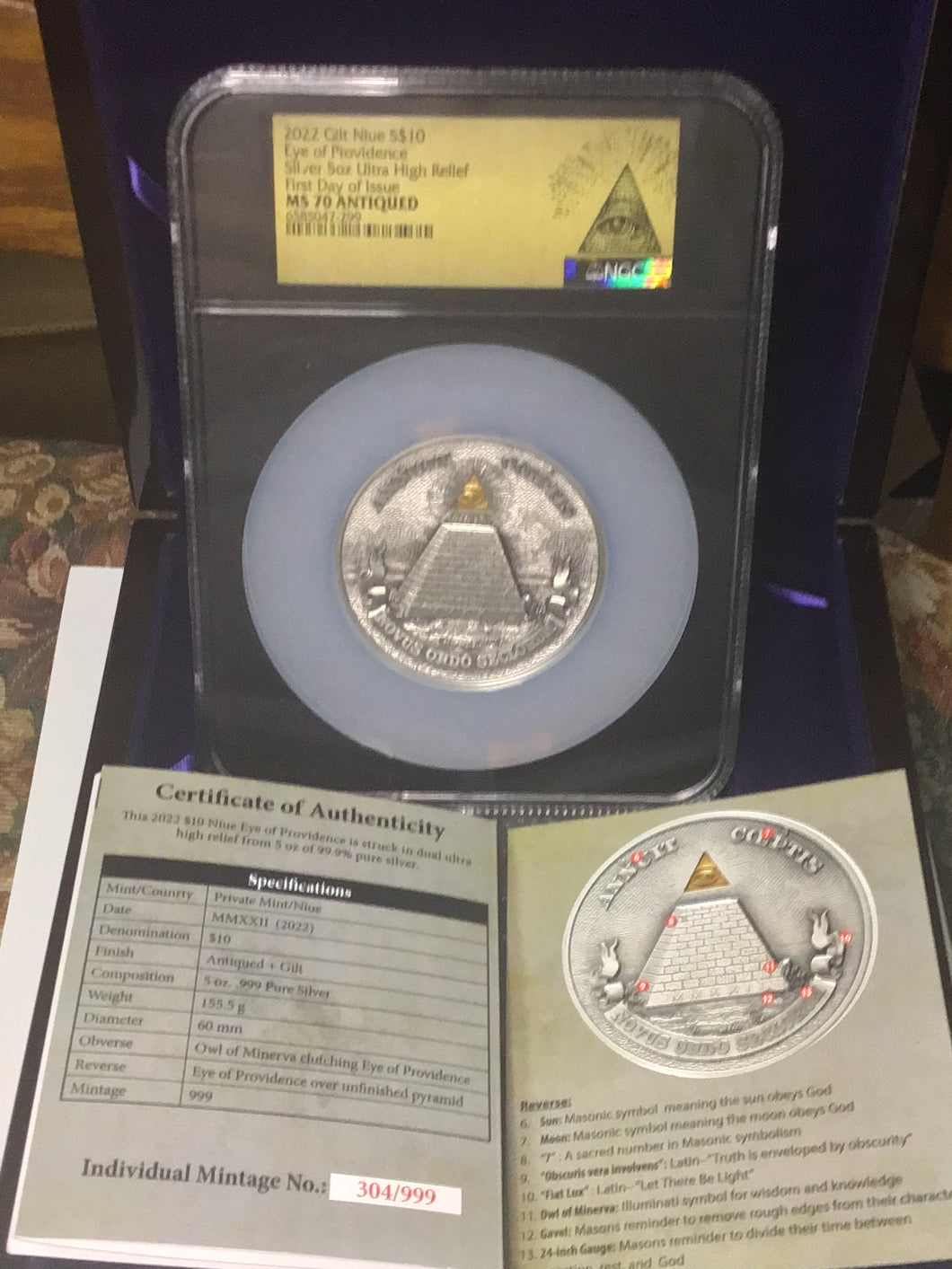 2022 Niue $10 5-oz Silver Eye of Providence Ultra High Relief Gilt Antiqued Coin NGC MS70 First Day of Issue