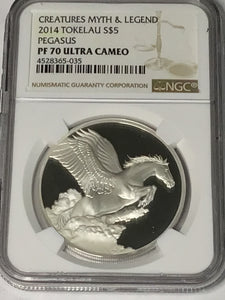 2014 Tokelau Creatures Myth Legend Pegasus $5 1 oz 999 Silver NGC PF70