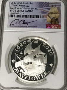 2020 Mayflower Voyage Silver 2 Coin set NGC PF70 First Release Chris Costello Signed