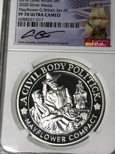 2020 Mayflower Voyage Silver 2 Coin set NGC PF70 First Release Chris Costello Signed