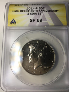 2014 P & D KENNEDY HALF DOLLAR ANACS SP69 / 69 50TH ANNIVERSARY UNC SET